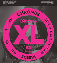 D'Addario ECB81M Chromes Flat Wound Electric Bass Strings Light Medium Scale