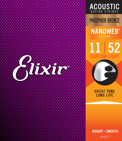 Elixir 11027 80/20 Bronze Nanoweb Coated Acoustic Guitar Strings Custom Light 11-52