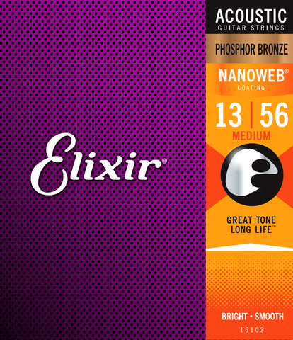 Elixir 16102 Phosphor Bronze Nanoweb Coated Acoustic Guitar Strings Medium 13-56
